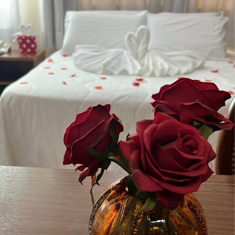Decoração romântica com rosas vermelhas e toalhas em formato de cisne sobre a cama